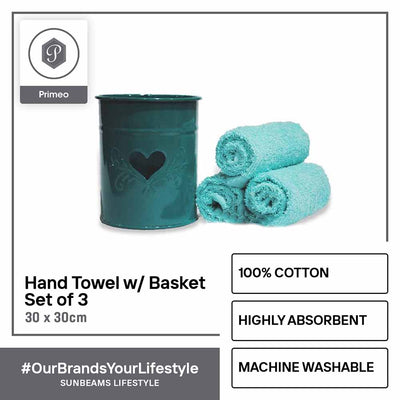 PRIMEO Premium 100% Cotton Hand Towel Set w/ Basket 300gsm Soft High Absorbent Set of 3 Modern Italian Design Amazing Gift Idea For Any Occasion!