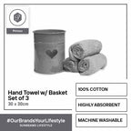 PRIMEO Premium 100% Cotton Hand Towel Set w/ Basket Set of 3