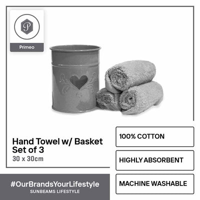 PRIMEO Premium 100% Cotton Hand Towel Set w/ Basket 300gsm Soft High Absorbent Set of 3 Modern Italian Design Amazing Gift Idea For Any Occasion!