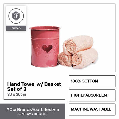 PRIMEO Premium 100% Cotton Hand Towel Set w/ Basket 300gsm Soft High Absorbent Set of 3 Modern Italian Design Amazing Gift Idea For Any Occasion!