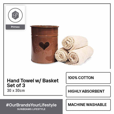PRIMEO Premium 100% Cotton Hand Towel Set w/ Basket 300gsm Soft High Absorbent Set of 3 Modern Italian Design Amazing Gift Idea For Any Occasion!
