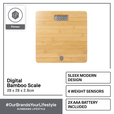 Primeo Digital Bathroom Body Weighing Scale Wooden | Bamboo 28x28x2.9 cm High Precision