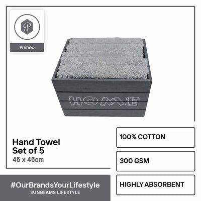 PRIMEO Premium 100% Cotton Hand Towel Set w/ Basket 300gsm Soft High Absorbent Set of 5 Modern Italian Design Amazing Gift Idea For Any Occasion!