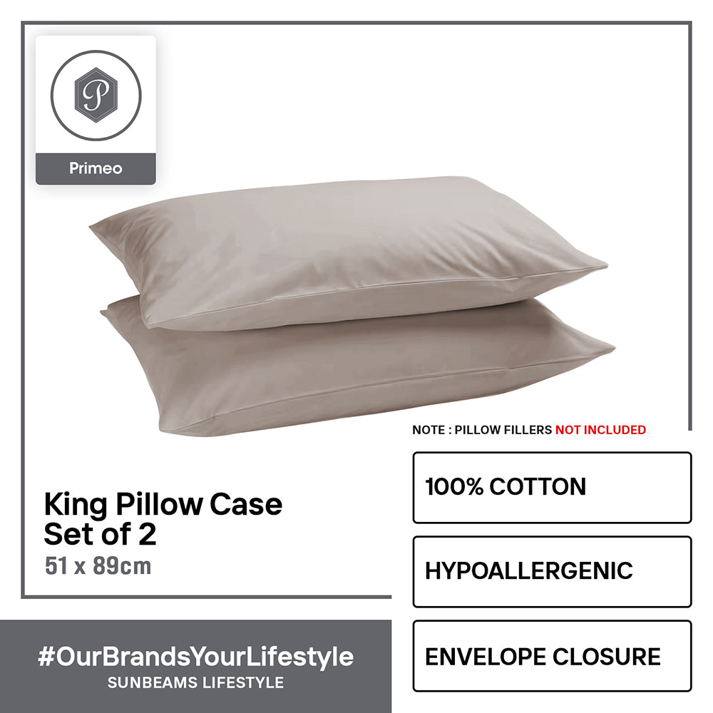 PRIMEO Premium 2 Pillow Case Set King Size 100% Cotton