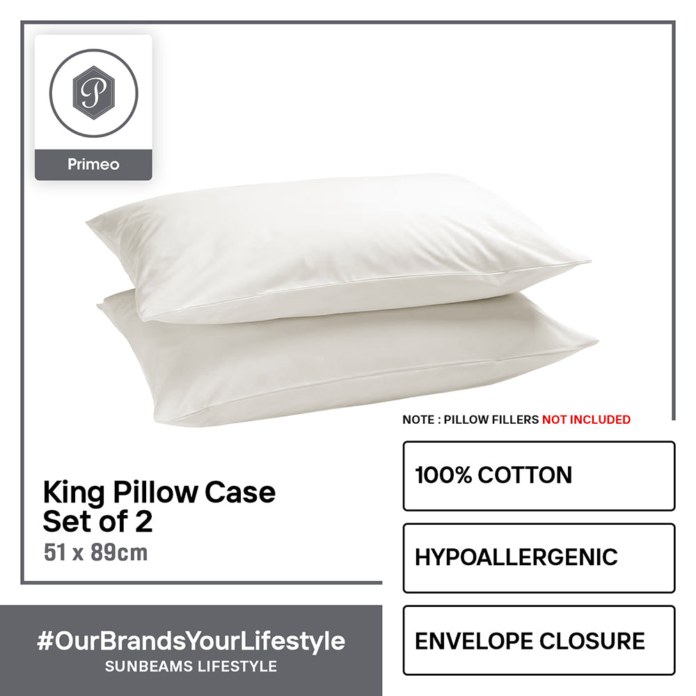 PRIMEO Premium 2 Pillow Case Set King Size 100% Cotton
