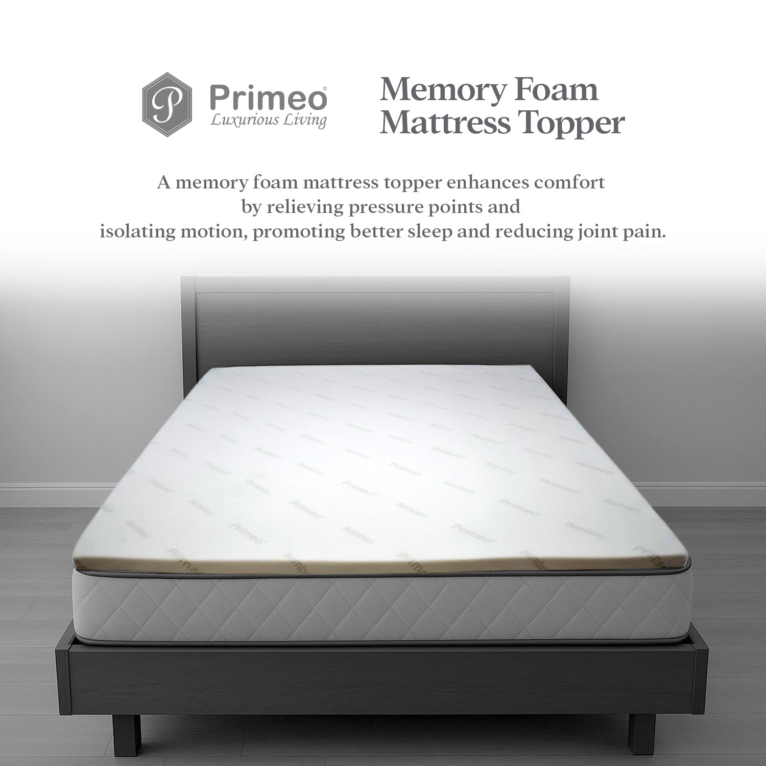 PRIMEO Memory Foam Mattress Topper –  Bamboo Viscose Fabric, Anti-Slip, Cooling, 4 Elastic Straps Single, Full, Queen, King Size