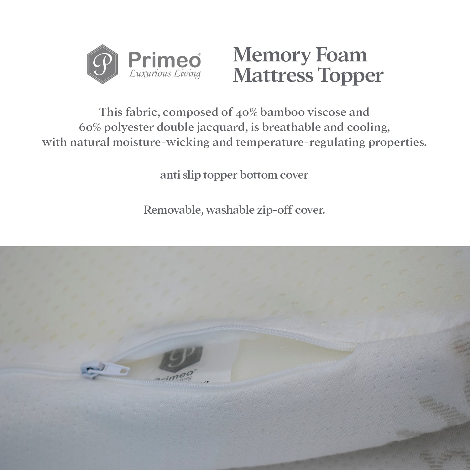 PRIMEO Memory Foam Mattress Topper –  Bamboo Viscose Fabric, Anti-Slip, Cooling, 4 Elastic Straps Single, Full, Queen, King Size