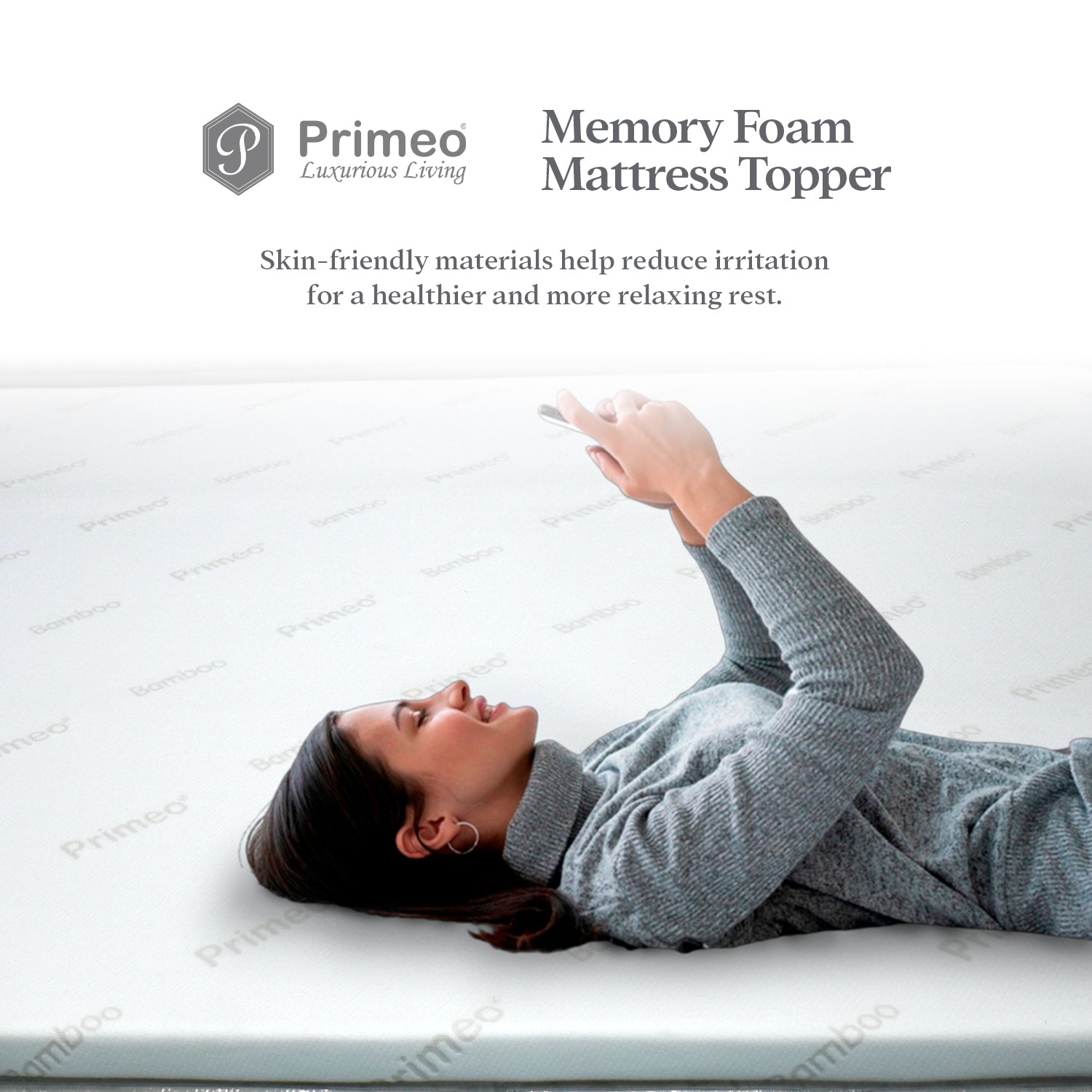 PRIMEO Memory Foam Mattress Topper –  Bamboo Viscose Fabric, Anti-Slip, Cooling, 4 Elastic Straps Single, Full, Queen, King Size