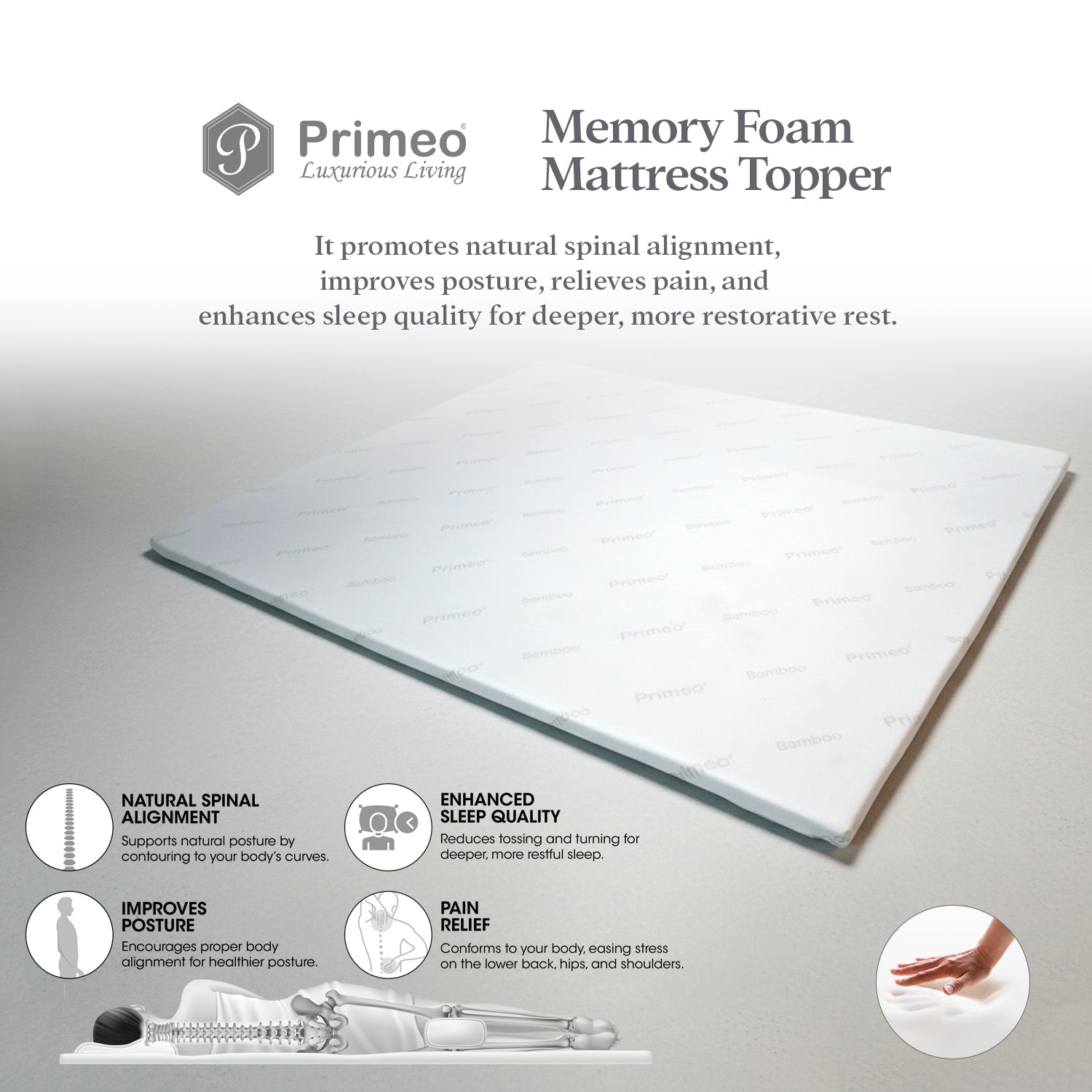 PRIMEO Memory Foam Mattress Topper –  Bamboo Viscose Fabric, Anti-Slip, Cooling, 4 Elastic Straps Single, Full, Queen, King Size