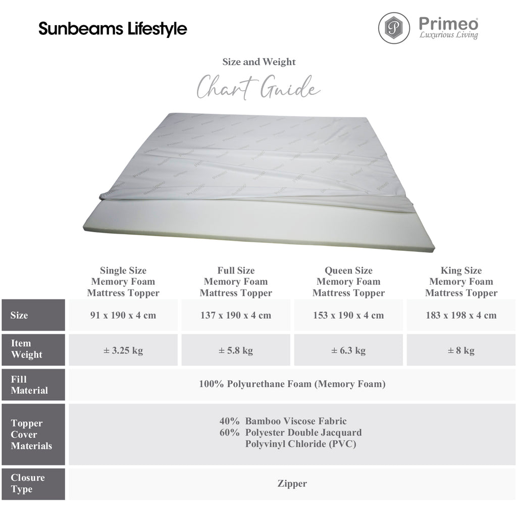 PRIMEO Memory Foam Mattress Topper –  Bamboo Viscose Fabric, Anti-Slip, Cooling, 4 Elastic Straps Single, Full, Queen, King Size