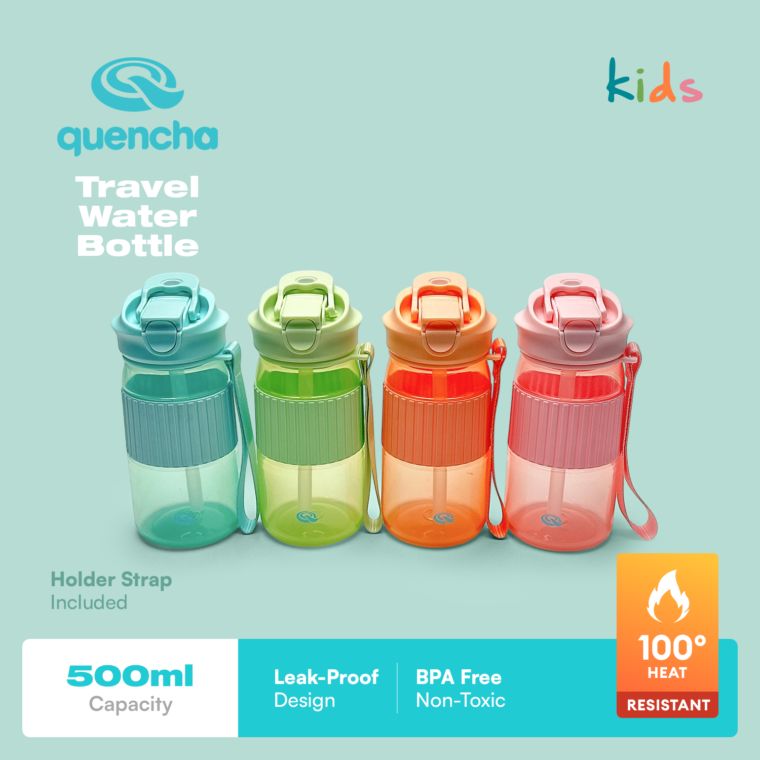 Quencha 500ML Kids Travel Water Bottle Built-in Straw Dual Spout Leak-Proof