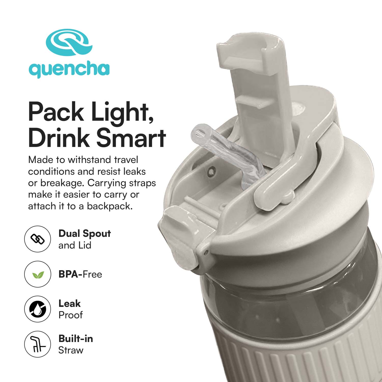 Quencha 680ML Travel Water Bottle Built-in Straw Dual Spout Leak-Proof