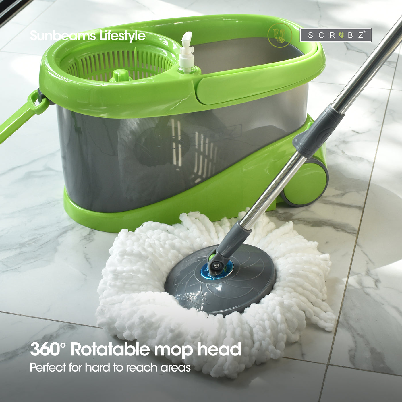 SCRUBZ Premium Microfiber 360ᴼ Spin Mop with Bucket on Wheels Soap Dispenser