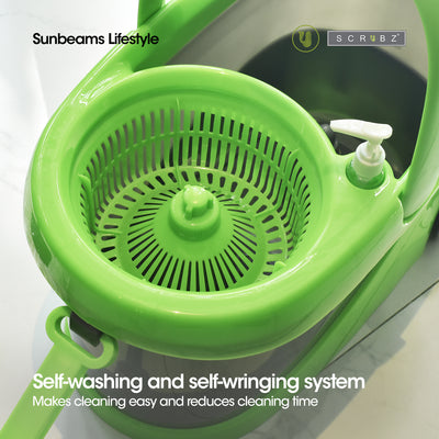 SCRUBZ Premium Microfiber 360ᴼ Spin Mop with Bucket on Wheels Soap Dispenser