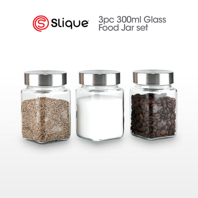 SLIQUE Premium Glass Jar w/ Stainless Steel Lid Airtight 300ml|0.3L Set of 3