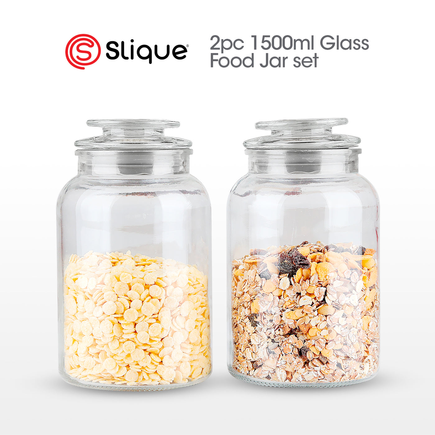 SLIQUE Premium Glass Jar w/ Glass Lid Airtight 1500ml|1.5L Set of 2