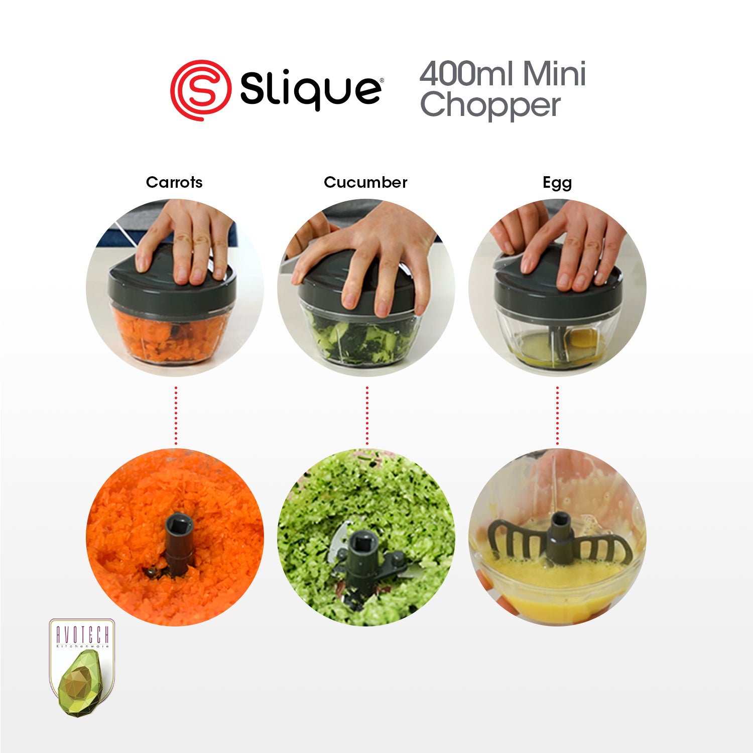 SLIQUE Avotech Anti-Slip Base Mini Chopper w/ Extra Blade 400ml | 0.4L