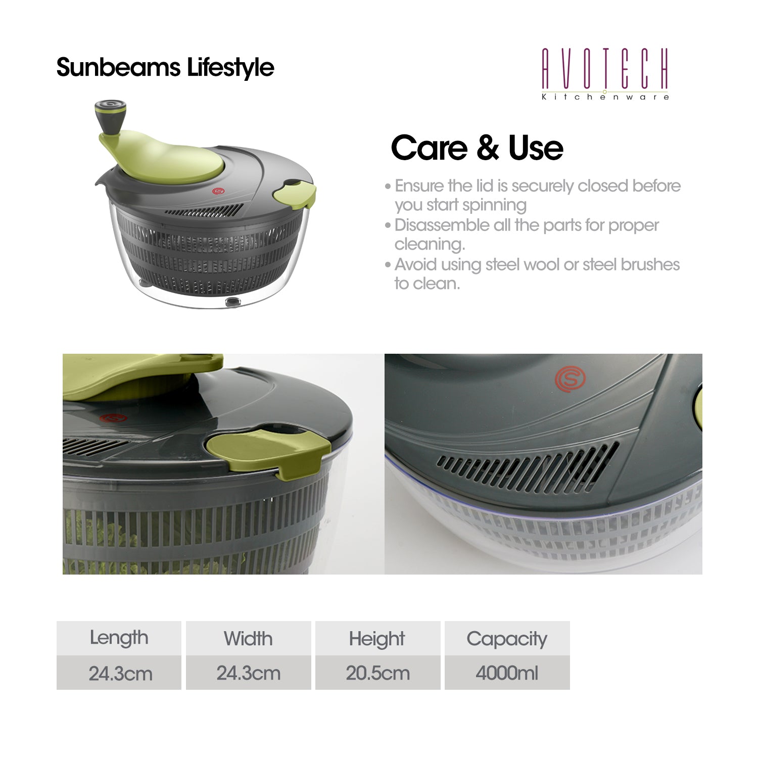 SLIQUE Avotech Anti-Slip Base Salad Spinner 4000ml | 4L