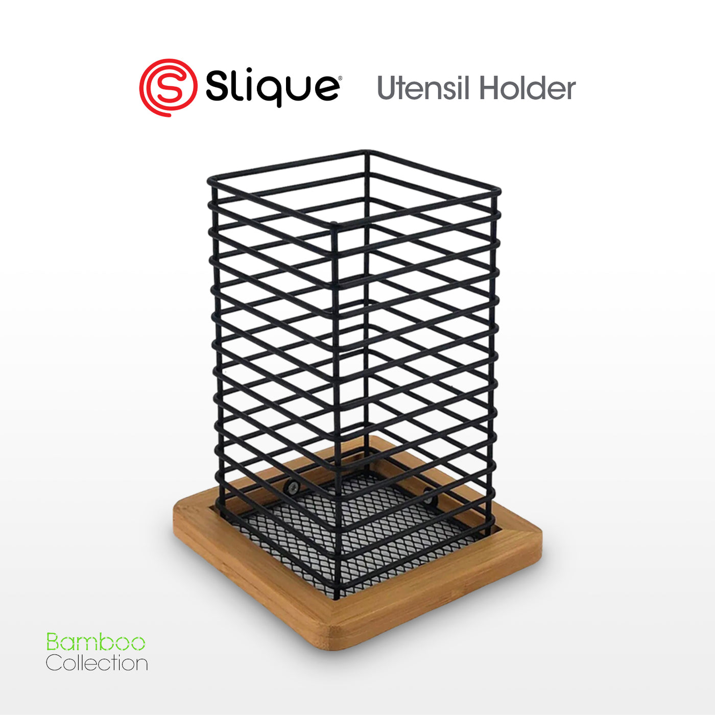 SLIQUE Premium Utensil Holder 12x12x16cm Bamboo Metal Wire Organizer