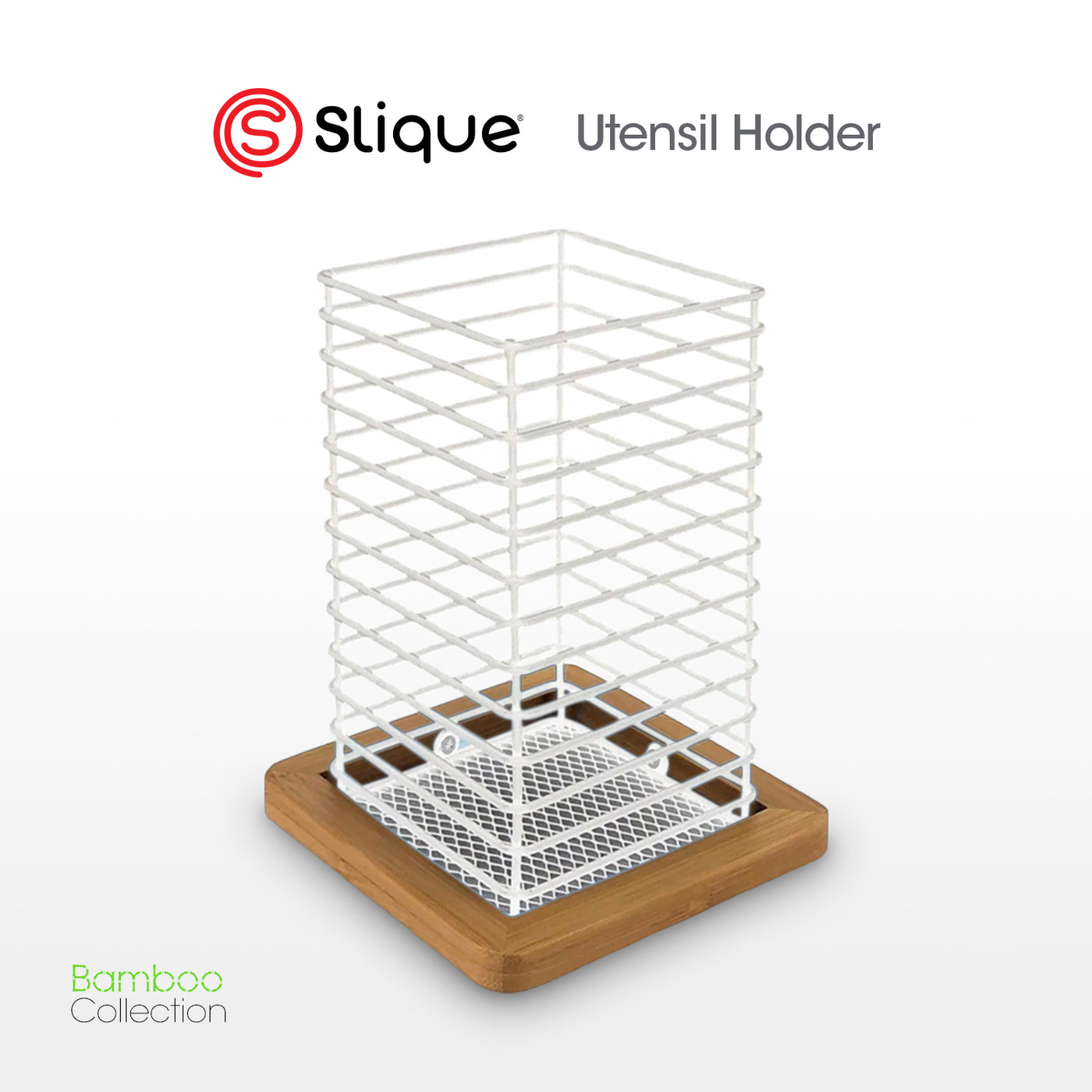 SLIQUE Premium Utensil Holder 12x12x16cm Bamboo Metal Wire Organizer