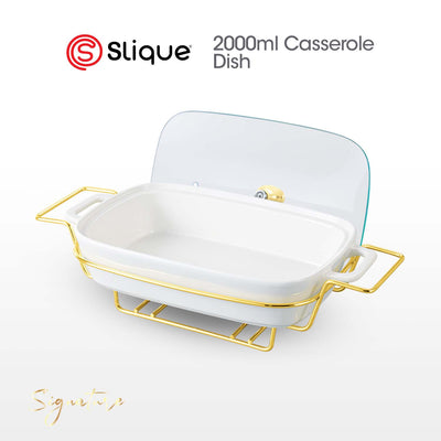 SLIQUE Casserole Serving Dish Rectangle - Signature Porcelain Collection Gold Stand with 2 Candle Burner