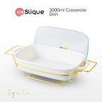 SLIQUE Casserole Serving Dish Rectangle - Signature Porcelain Collection Gold Stand with 2 Candle Burner