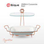 SLIQUE Casserole Serving Dish Rectangle, Signature Porcelain Collection Copper Stand with Candle Burner