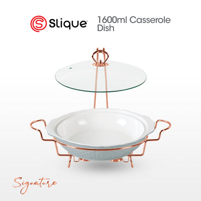 SLIQUE Premium Ceramic Round Serving Dish with Rosegold Plated Metal Tealight Candle Holder 1600ml