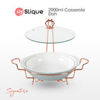 SLIQUE Casserole Serving Dish Round, Signature Porcelain Collection Copper Stand with Candle Burner