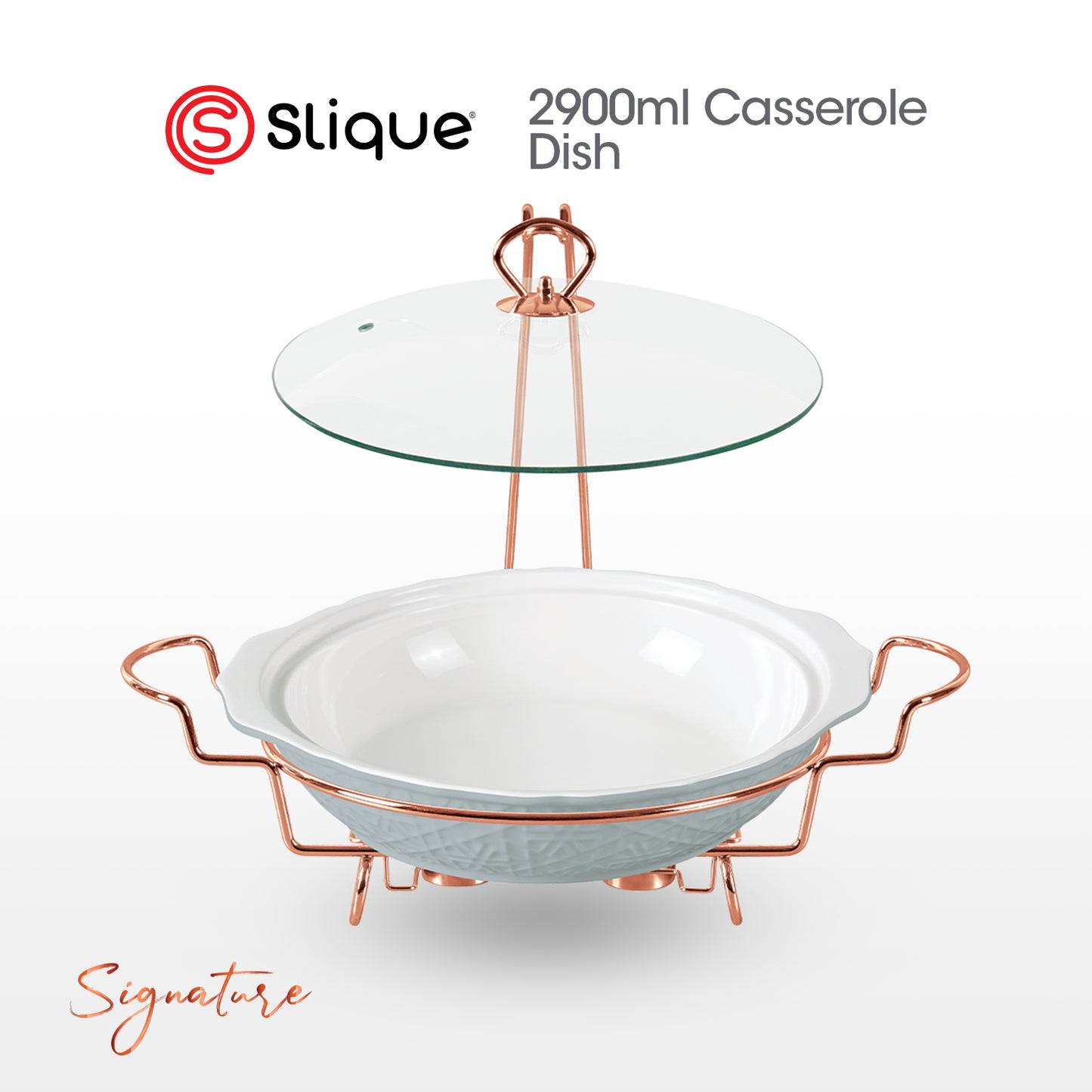 SLIQUE Casserole Serving Dish Round, Signature Porcelain Collection Copper Stand with Candle Burner