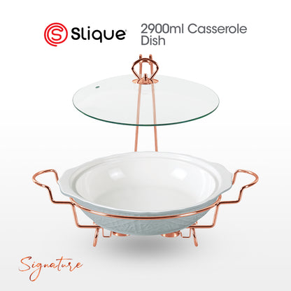 SLIQUE Casserole Serving Dish Round, Signature Porcelain Collection Copper Stand with Candle Burner
