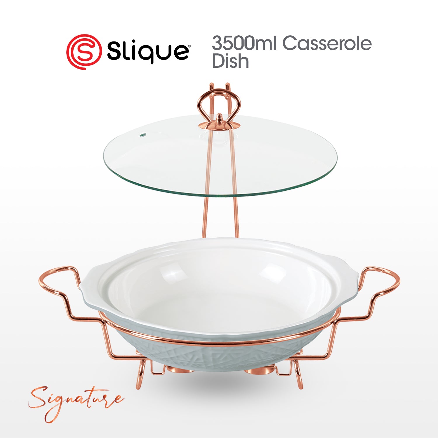 SLIQUE Casserole Serving Dish Round, Signature Porcelain Collection Copper Stand with Candle Burner
