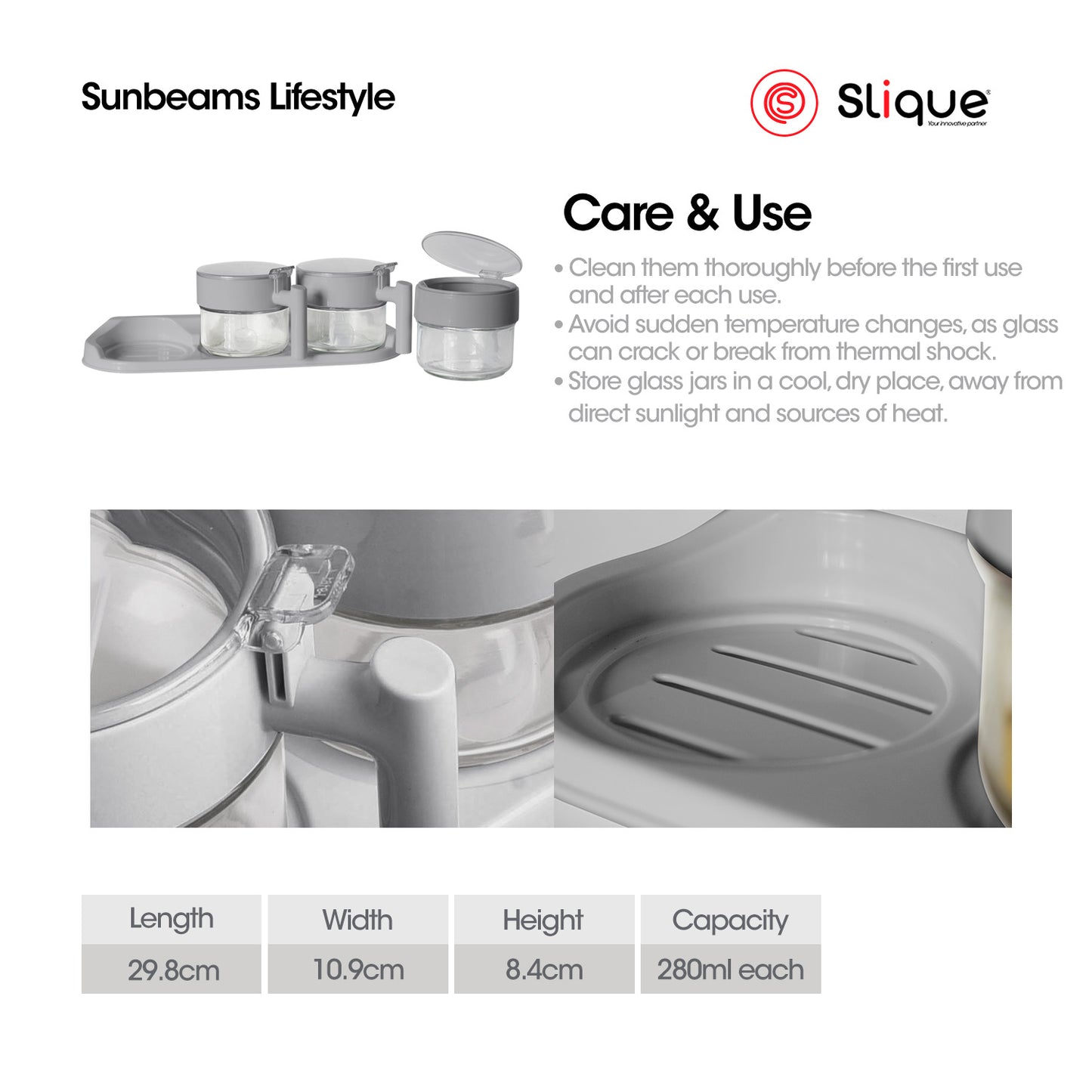 SLIQUE Premium Sodium Glass Condiment Jar Set, Condiments Organizer Bottle 3pcs Jar Set 280ml