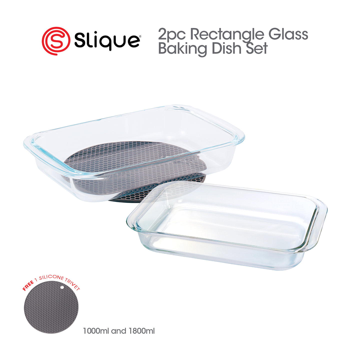 SLIQUE Glass Baking Dish [Set of 2] 1L & 1.8L Borosilicate