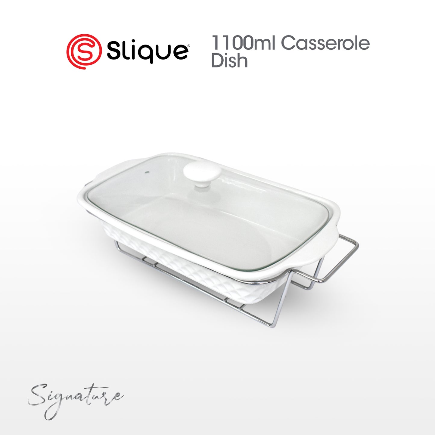 SLIQUE Casserole Serving Dish Rectangle, Signature Porcelain Collection Stand with Candle Burner