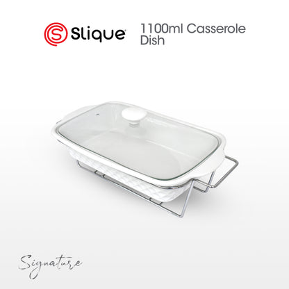 SLIQUE Casserole Serving Dish Rectangle, Signature Porcelain Collection Stand with Candle Burner