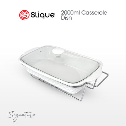 SLIQUE Casserole Serving Dish Rectangle, Signature Porcelain Collection Stand with Candle Burner