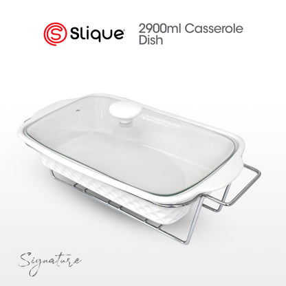SLIQUE Casserole Serving Dish Rectangle, Signature Porcelain Collection Stand with Candle Burner