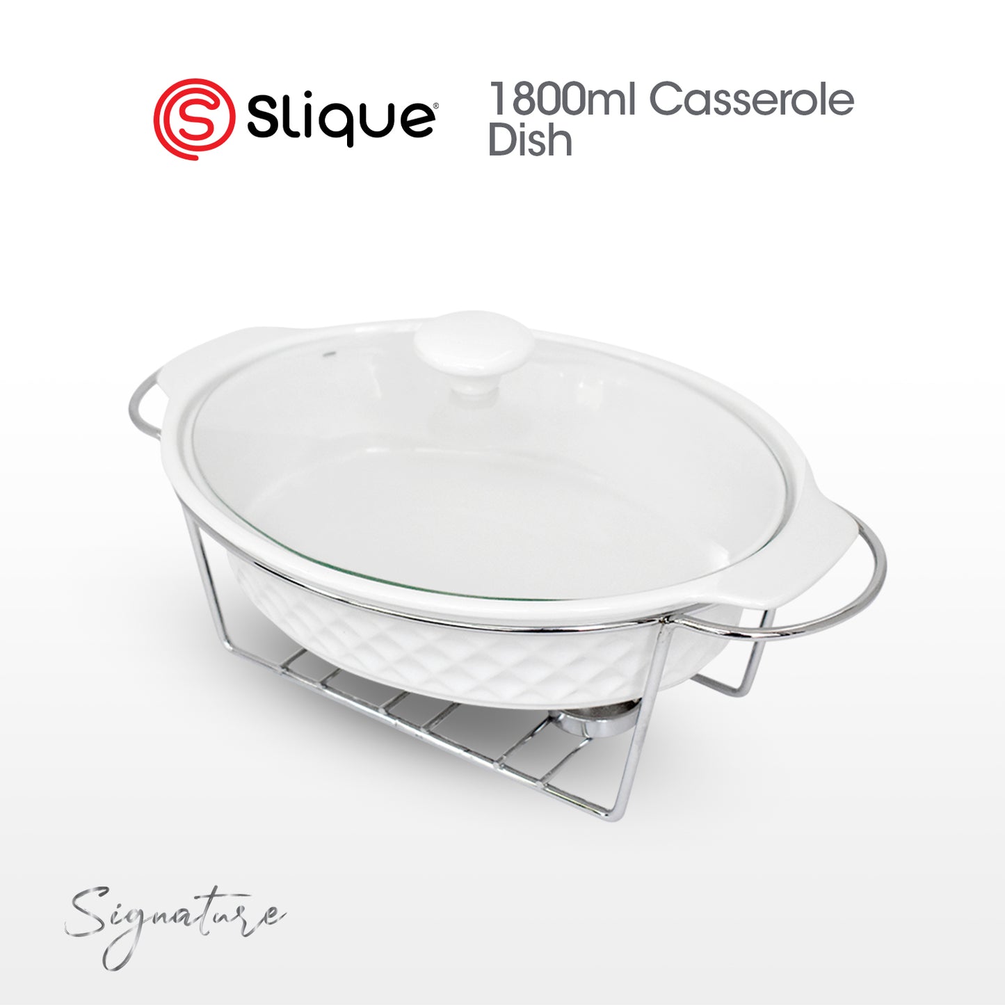 SLIQUE Premium Oval Ceramic Casserole Serving Dish with Tempered Glass Lid 1L/1.8L/2.6L