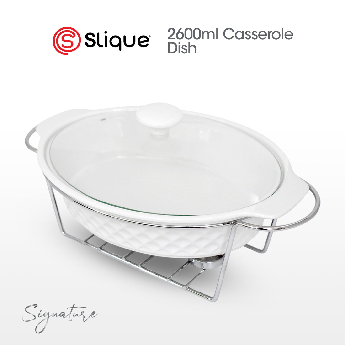 SLIQUE Premium Oval Ceramic Casserole Serving Dish with Tempered Glass Lid 1L/1.8L/2.6L