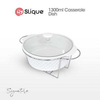 SLIQUE Premium Ceramic Round Serving Dish wit Silver Plated Metal Tealight Candle Holder 1400ml