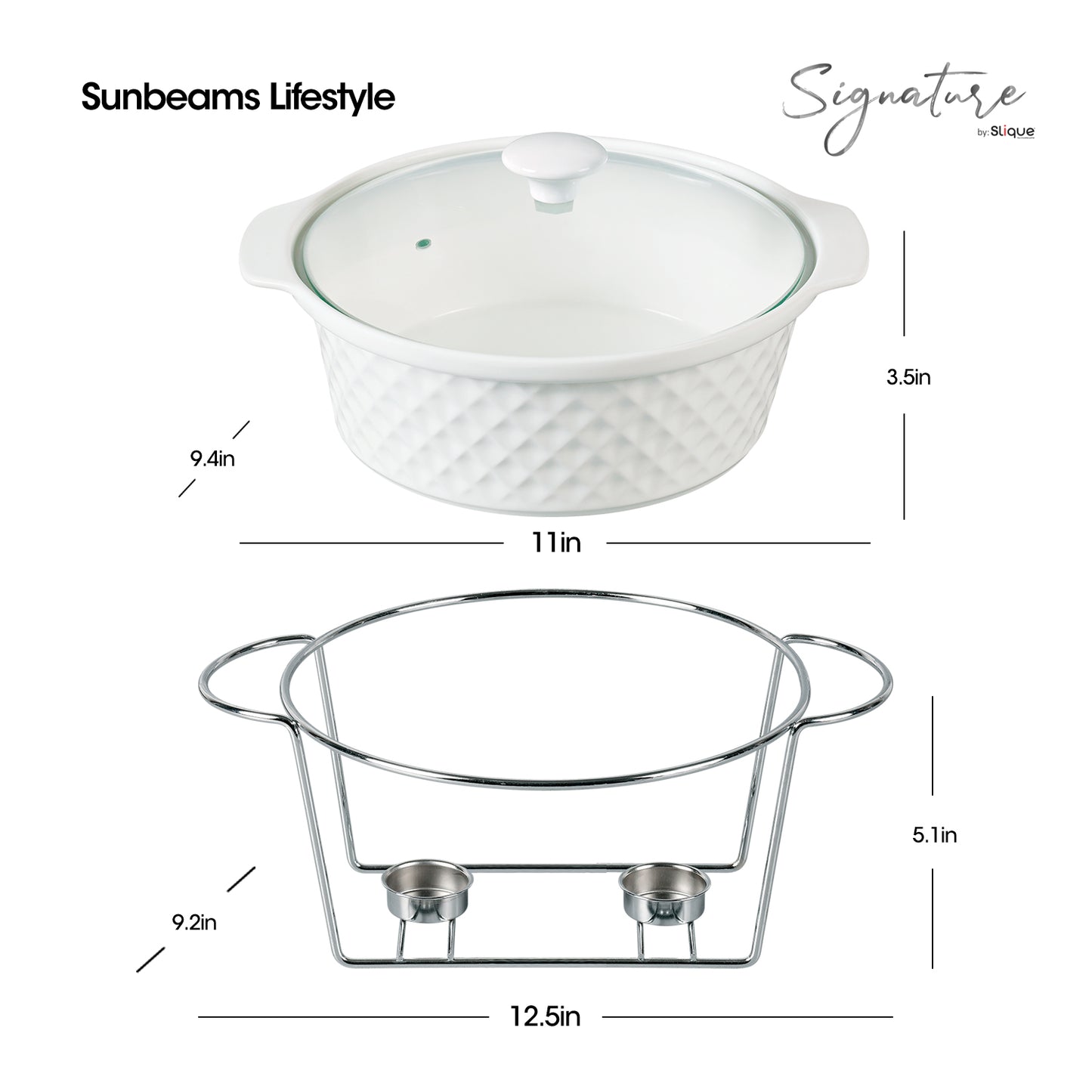 SLIQUE Casserole Serving Dish Round, Signature Porcelain Collection Stainless Steel Stand with Candle Burner