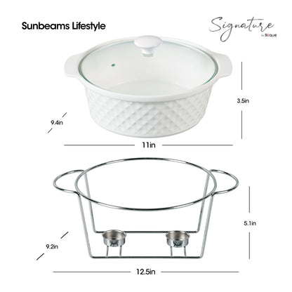 SLIQUE Casserole Serving Dish Round, Signature Porcelain Collection Stainless Steel Stand with Candle Burner