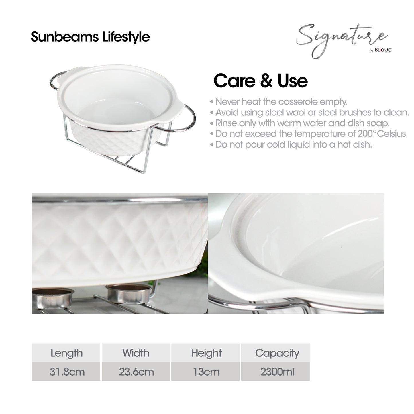 SLIQUE Casserole Serving Dish Round, Signature Porcelain Collection Stainless Steel Stand with Candle Burner