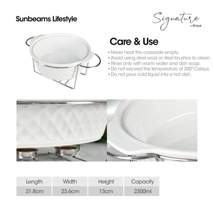 SLIQUE Casserole Serving Dish Round, Signature Porcelain Collection Stainless Steel Stand with Candle Burner