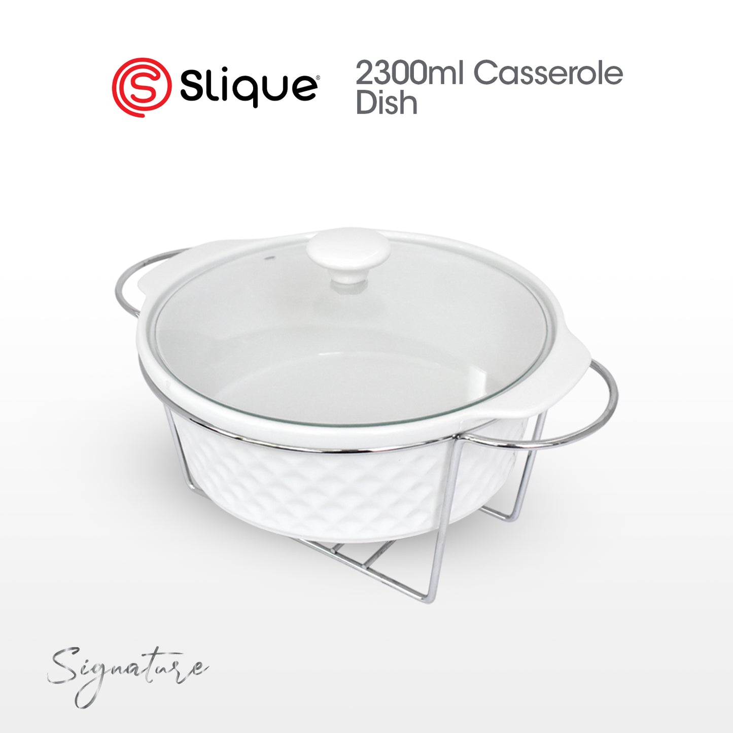SLIQUE Casserole Serving Dish Round, Signature Porcelain Collection Stainless Steel Stand with Candle Burner