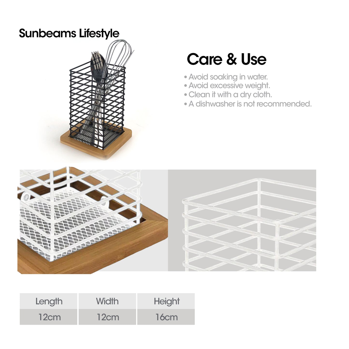 SLIQUE Premium Utensil Holder 12x12x16cm Bamboo Metal Wire Organizer