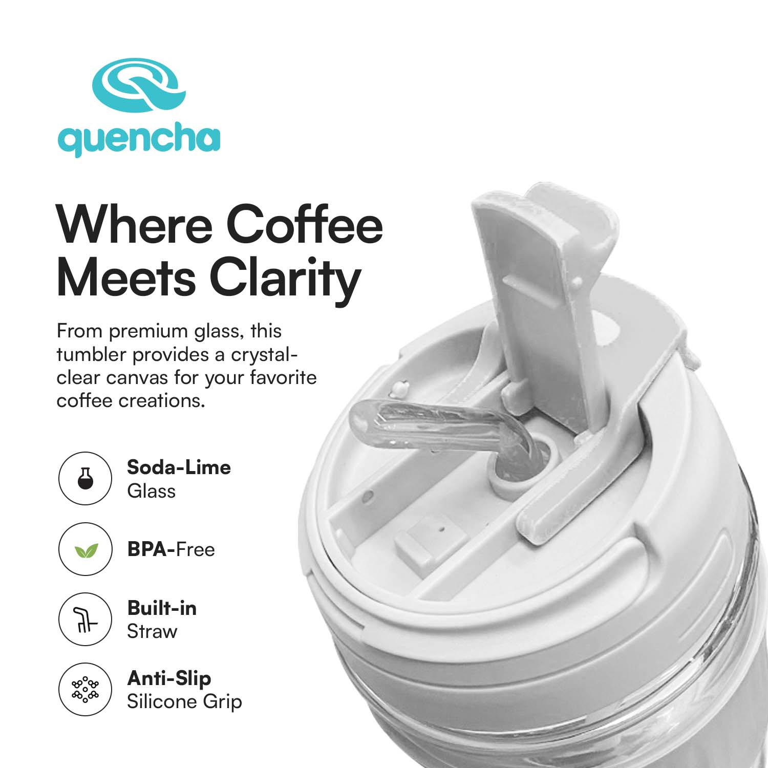 Quencha 12oz Glass Coffee Tumbler with Built-in Straw