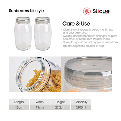 SLIQUE Premium Sodium Glass Food Jars, Food Storage Container, Kitchen Canister Jar, Organizer Storage, Jar Glass Container with Air-Tight Locking Lid 2pcs Jar Set 500/750/1000/1700/2100ml - Food Container & Storage Essentials