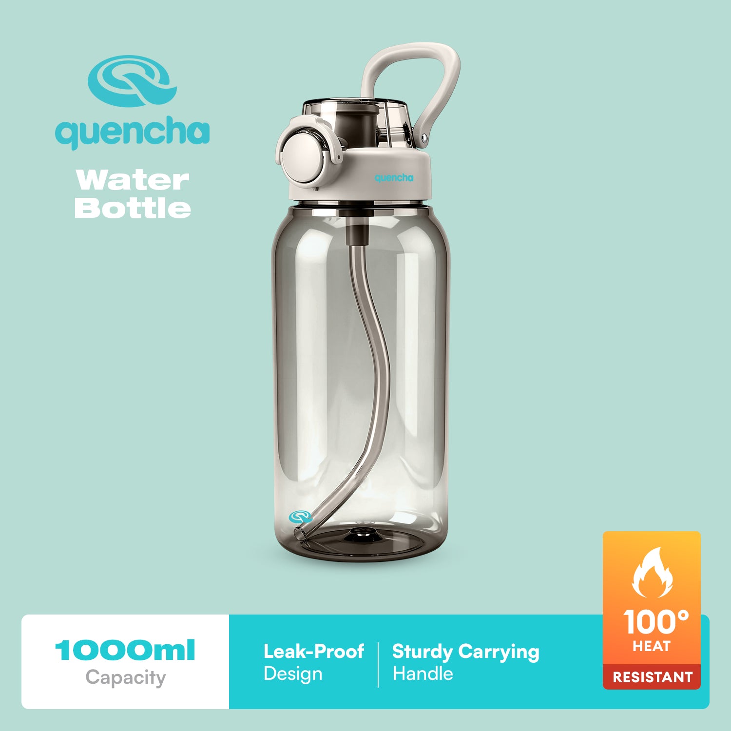 QUENCHA BPA-Free Water Bottle 1000ml Reusable Water Bottle • Built-In Straw • Leak-Proof Lid